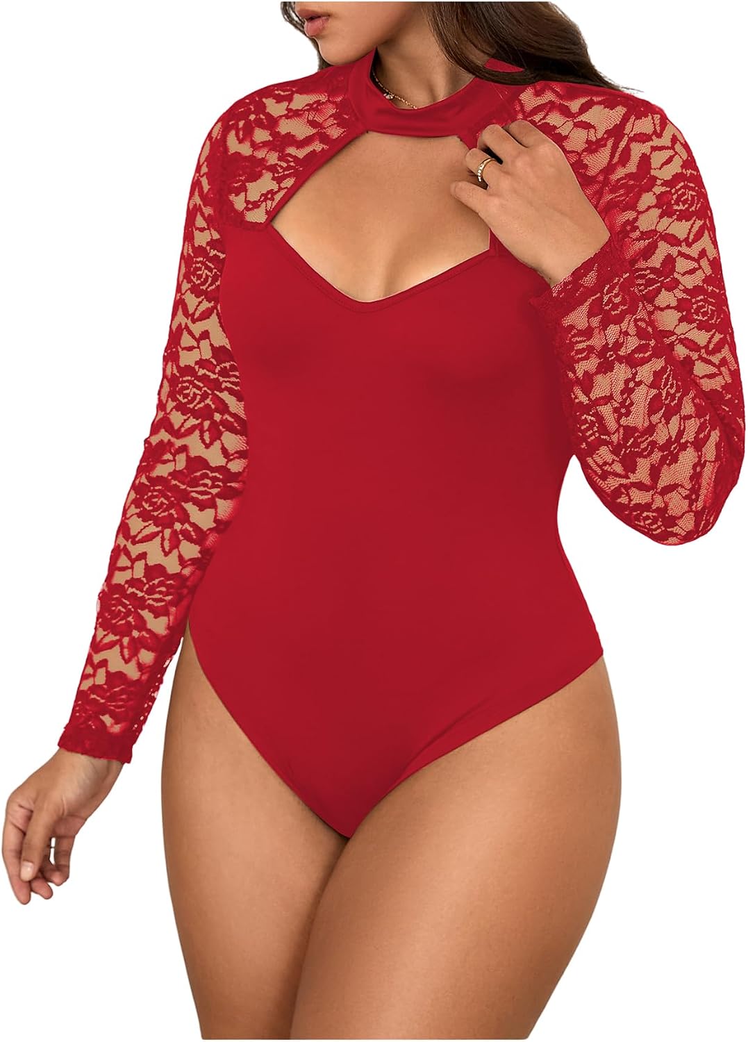 Women's Plus Size Lace Patchwork Hollow Out Bodysuit