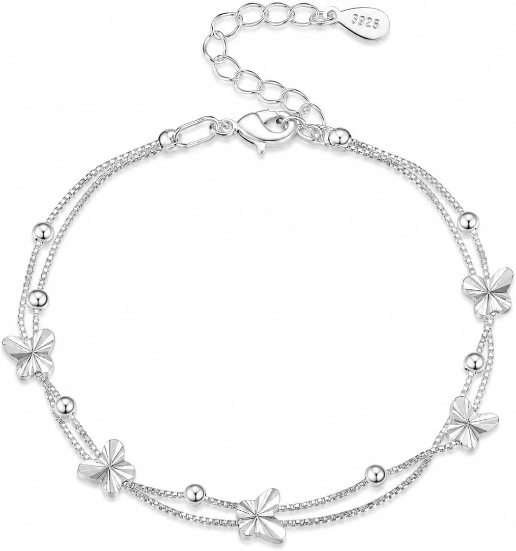 Sterling Silver Bracelet for Women. Love Heart Charm Chain Bangle Fashion Jewelry