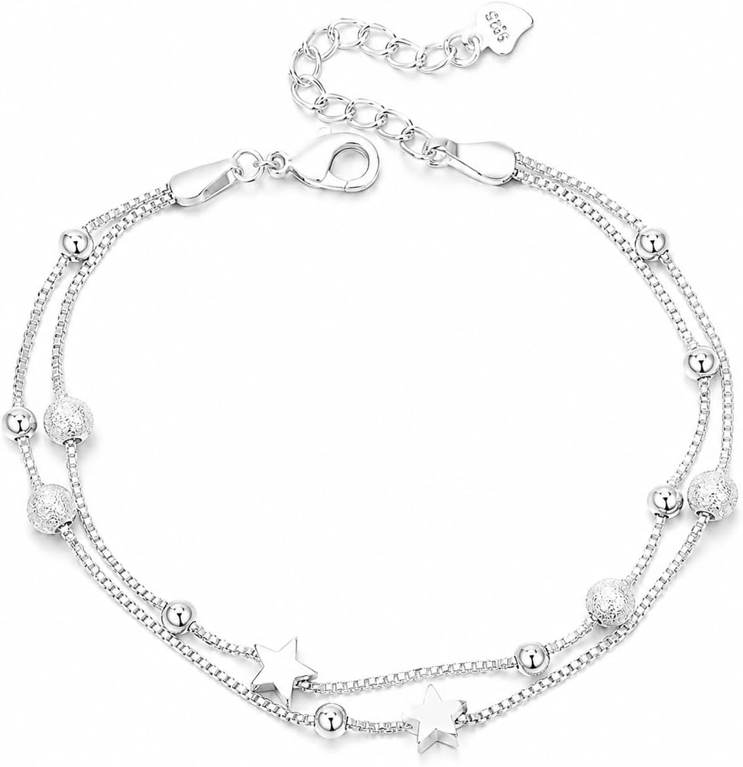 Sterling Silver Bracelet for Women. Love Heart Charm Chain Bangle Fashion Jewelry