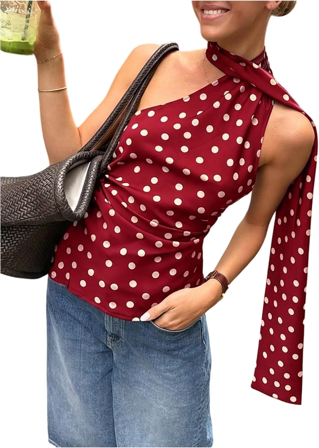 Women's Polka Dots One Shoulder Tank Tops Sleeveless Fitted Y2K Summer Top