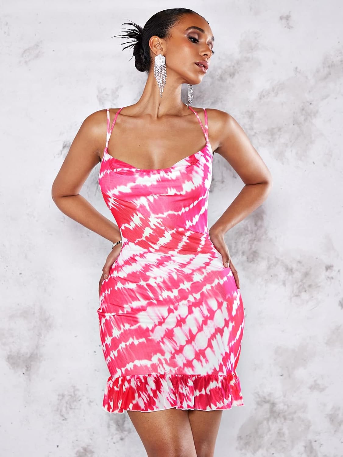 Women's Tie Dye Criss Cross Backless Cowl Neck Mini Dress