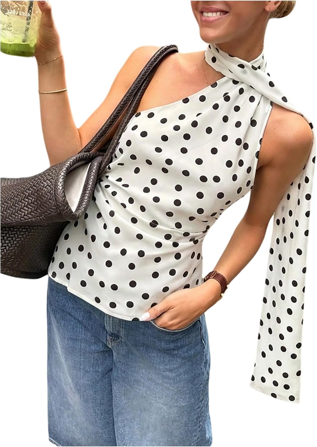 Women's Polka Dots One Shoulder Tank Tops Sleeveless Fitted Y2K Summer Top