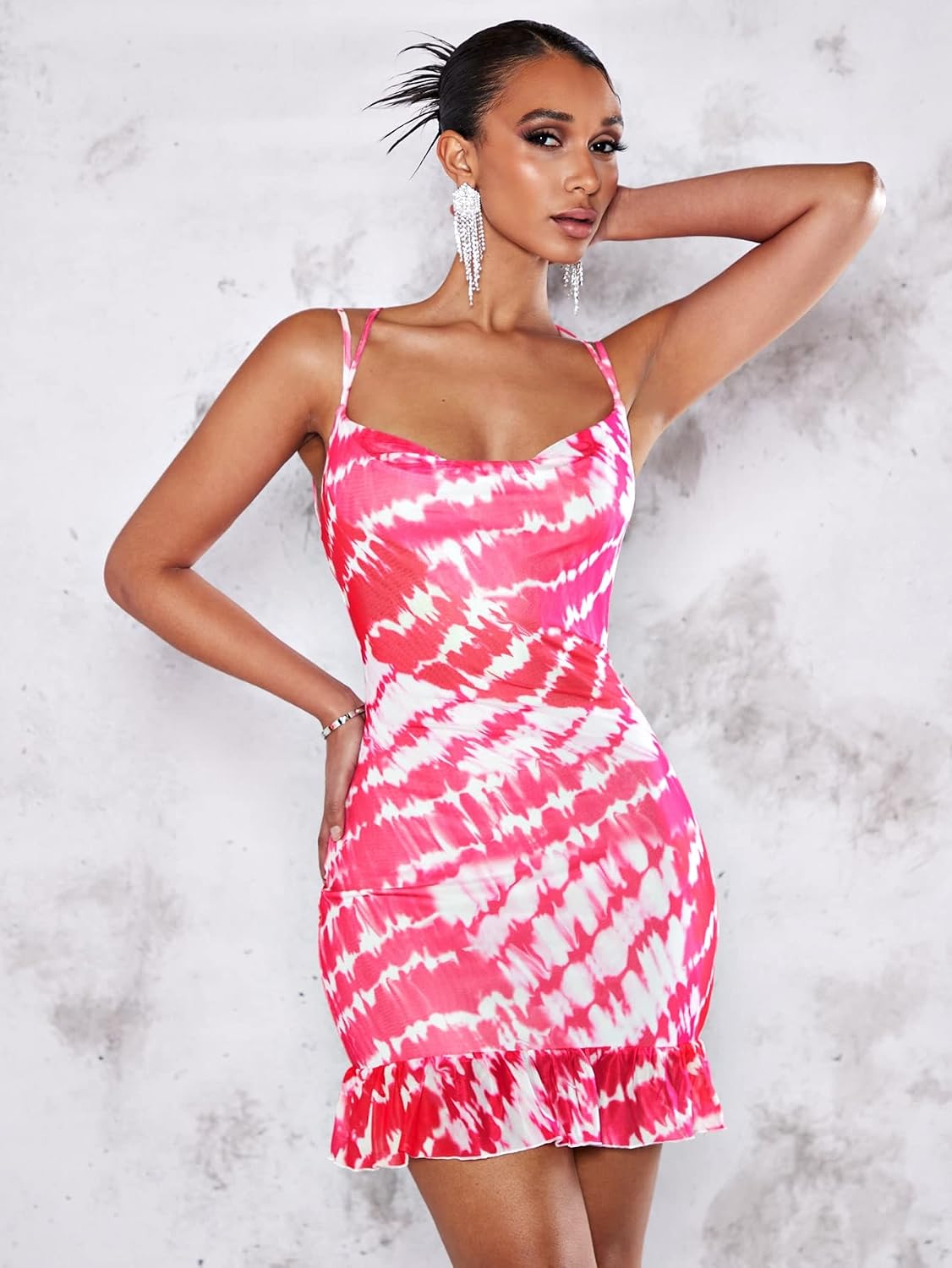 Women's Tie Dye Criss Cross Backless Cowl Neck Mini Dress