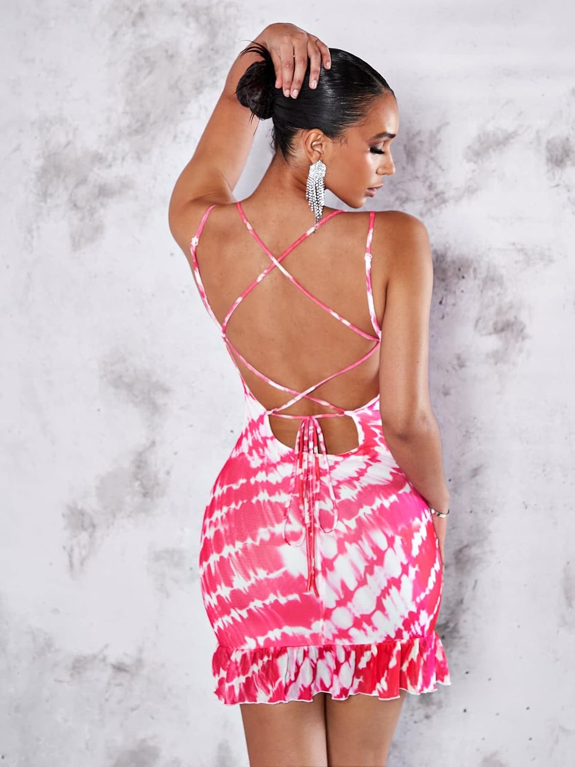 Women's Tie Dye Criss Cross Backless Cowl Neck Mini Dress