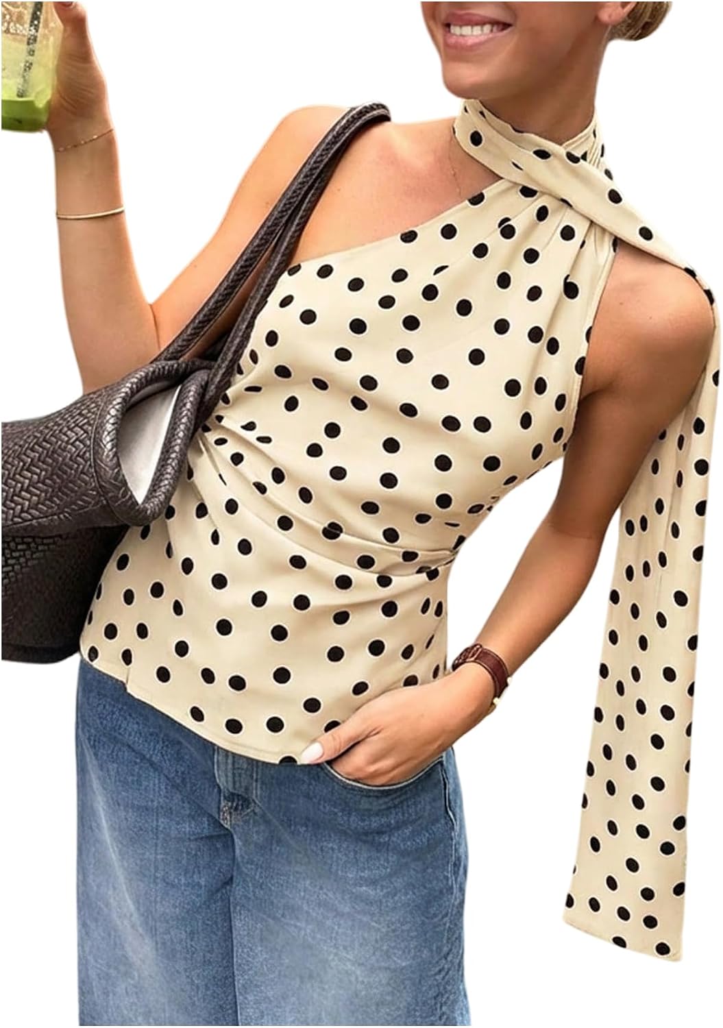 Women's Polka Dots One Shoulder Tank Tops Sleeveless Fitted Y2K Summer Top