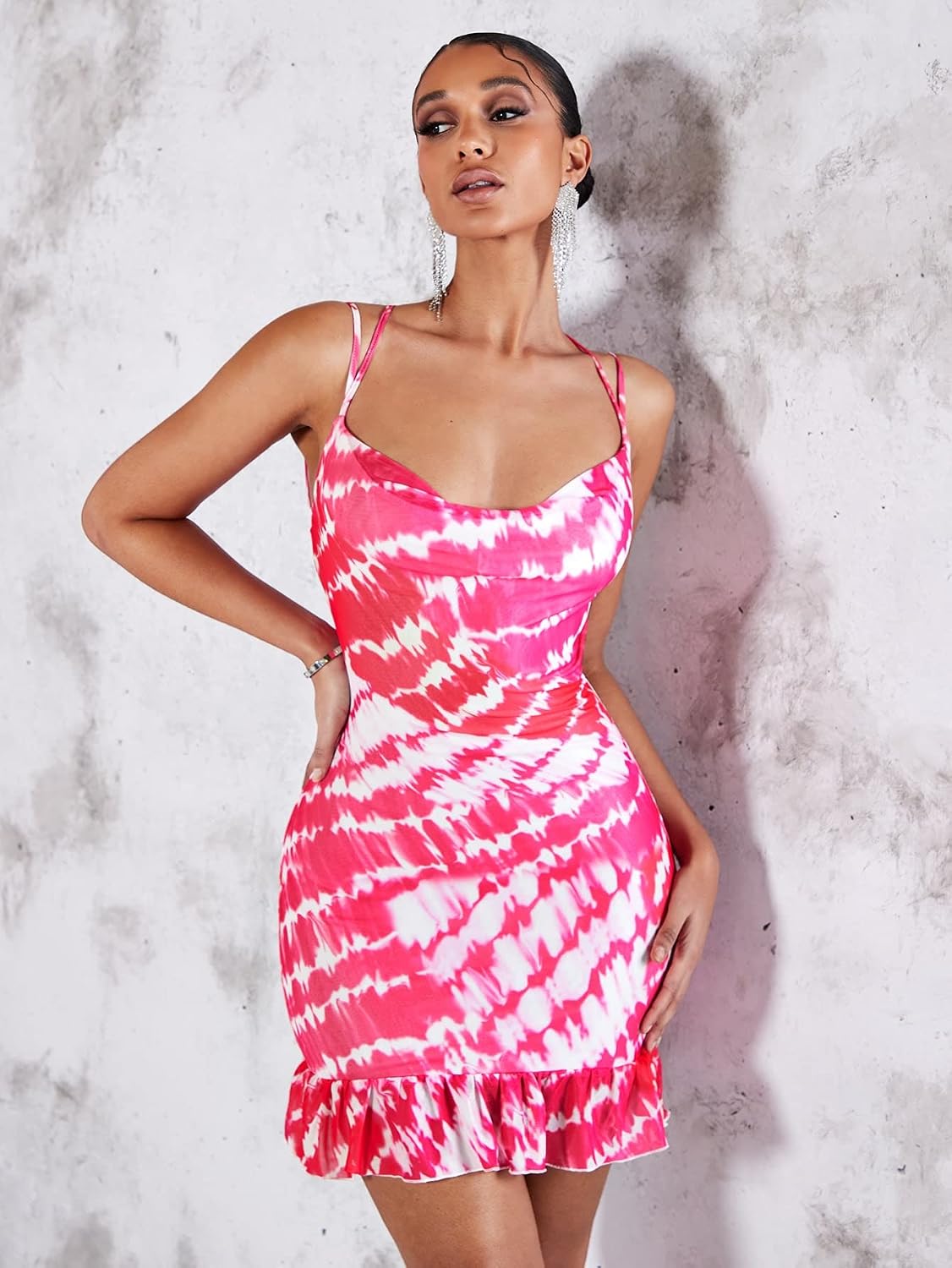 Women's Tie Dye Criss Cross Backless Cowl Neck Mini Dress