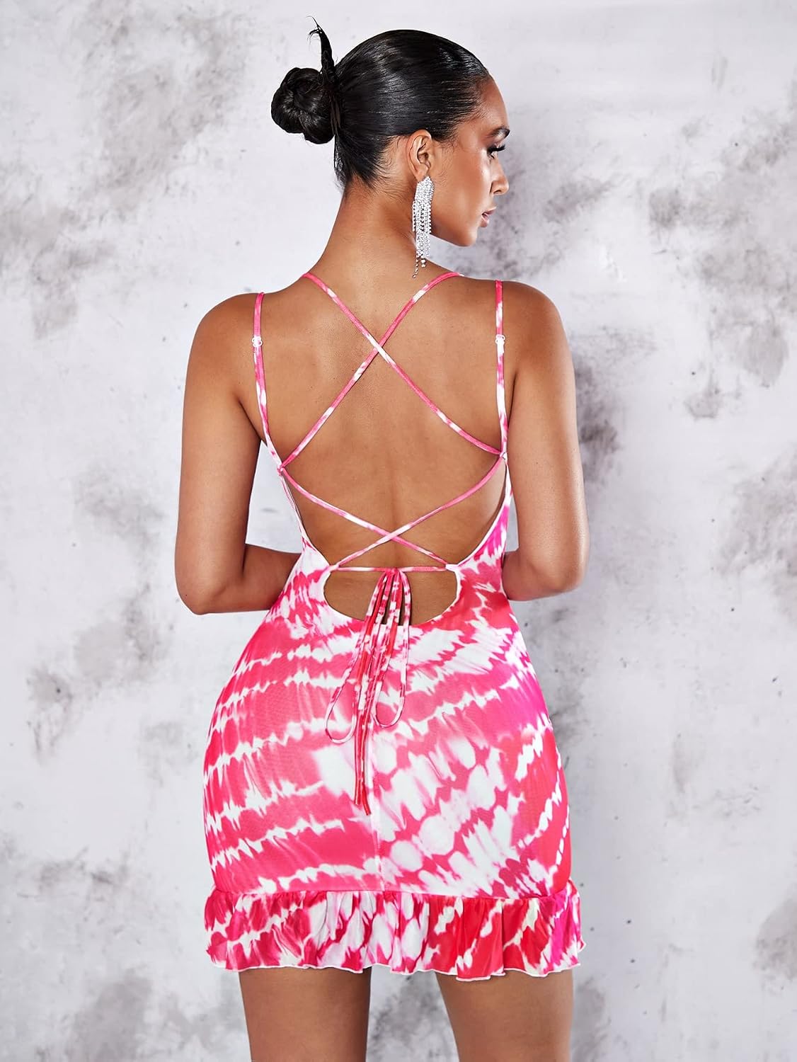 Women's Tie Dye Criss Cross Backless Cowl Neck Mini Dress