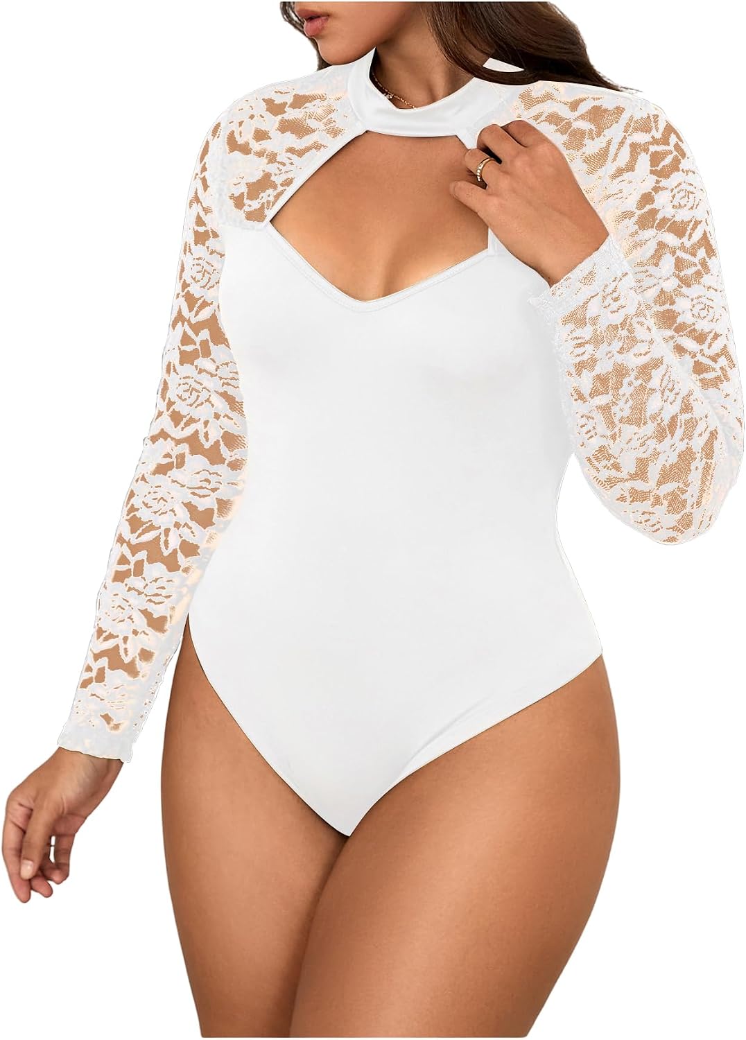 Women's Plus Size Lace Patchwork Hollow Out Bodysuit