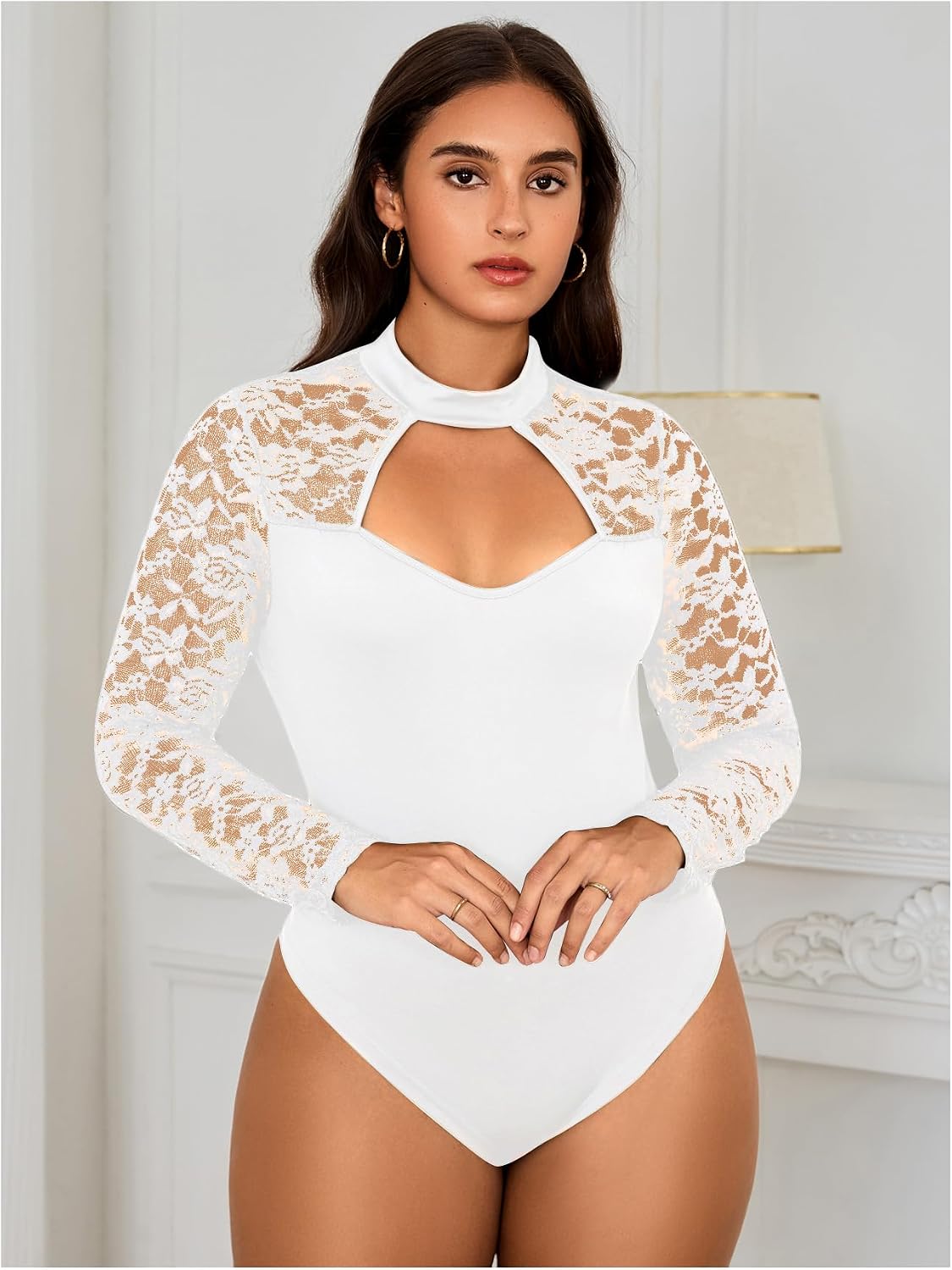 Women's Plus Size Lace Patchwork Hollow Out Bodysuit