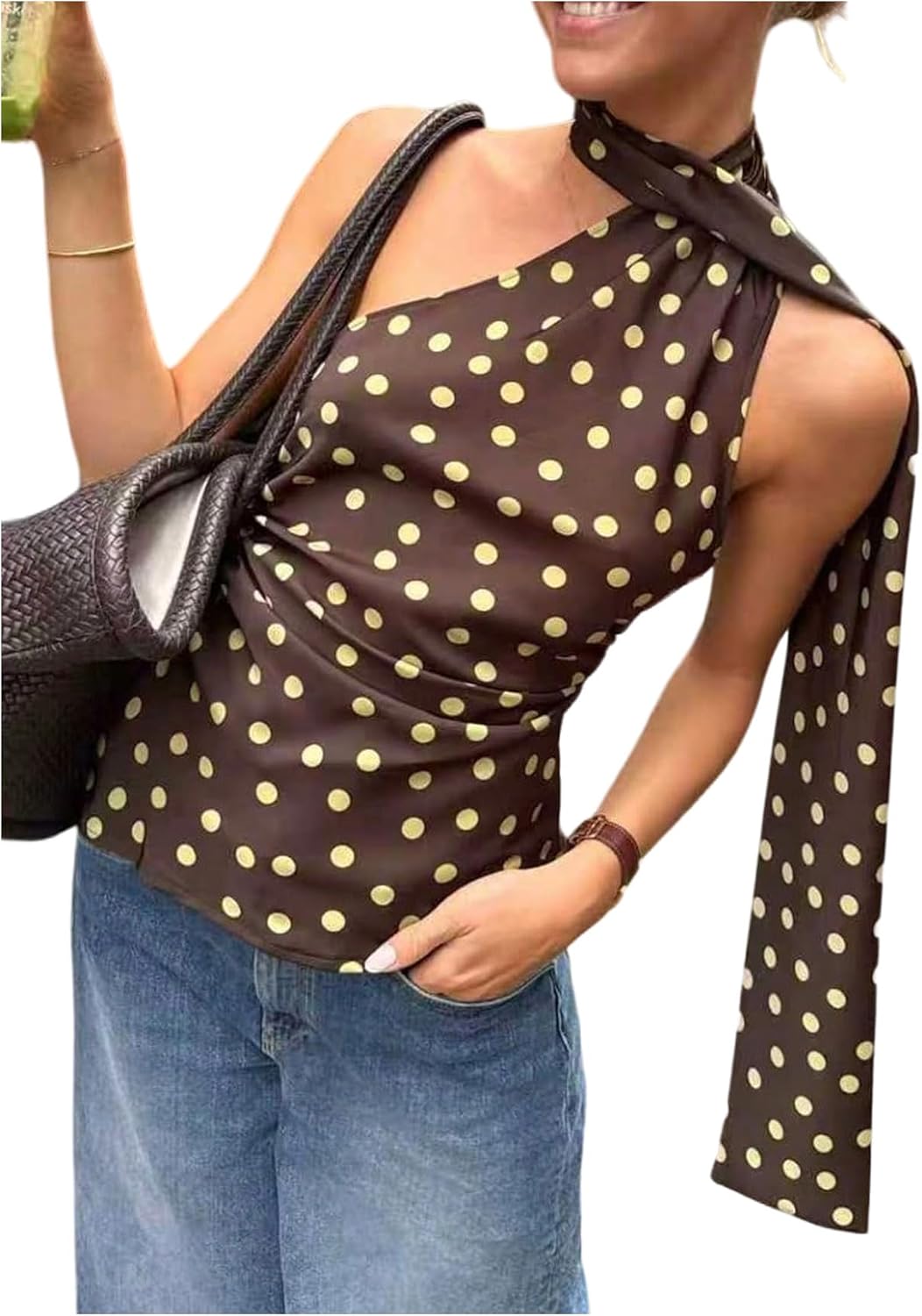 Women's Polka Dots One Shoulder Tank Tops Sleeveless Fitted Y2K Summer Top