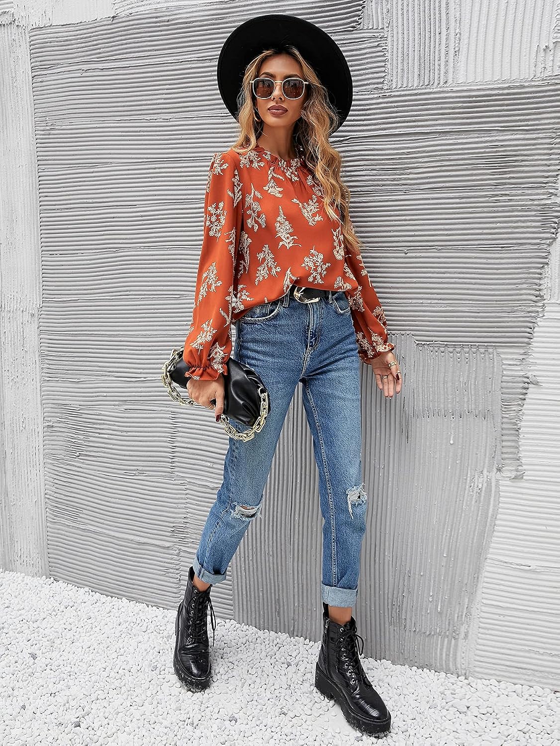 Women's Summer Floral Long Sleeve Frill Mock Neck Vacation Chiffon Blouse