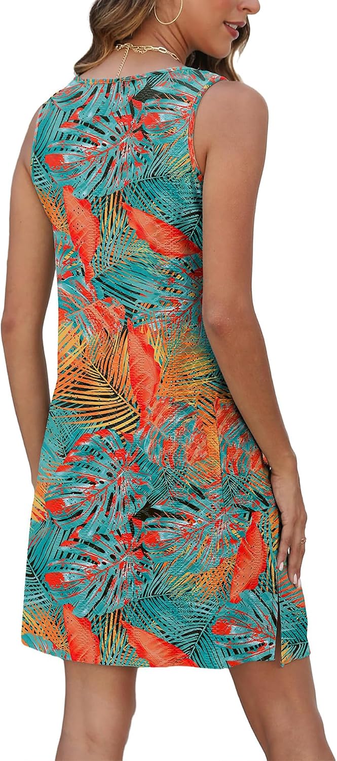 Women Beach Dresses Loose Casual Sleeveless Floral Print Dress with Pocket