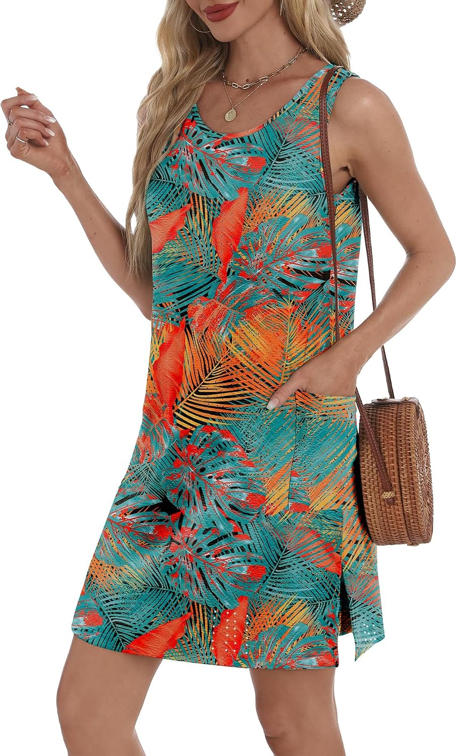 Women Beach Dresses Loose Casual Sleeveless Floral Print Dress with Pocket