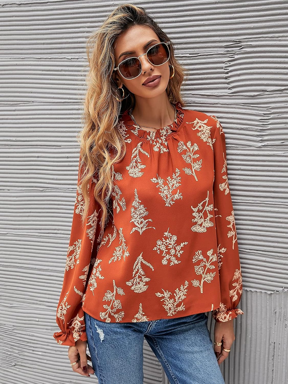 Women's Summer Floral Long Sleeve Frill Mock Neck Vacation Chiffon Blouse