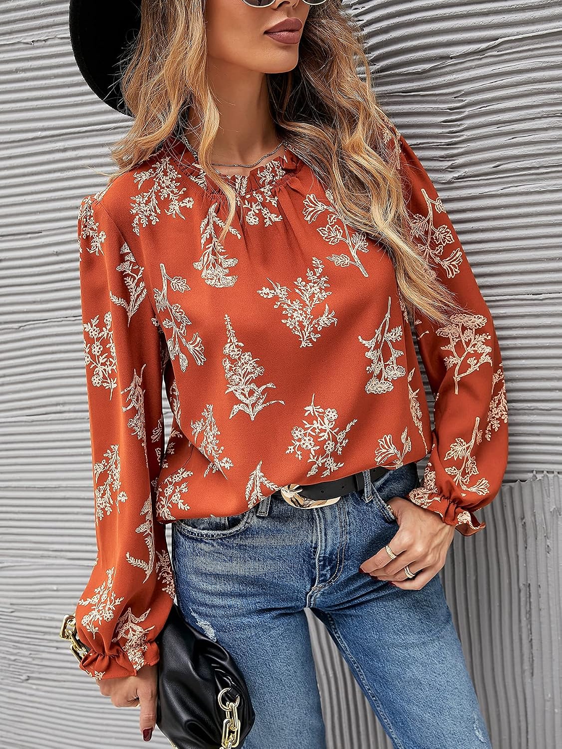 Women's Summer Floral Long Sleeve Frill Mock Neck Vacation Chiffon Blouse