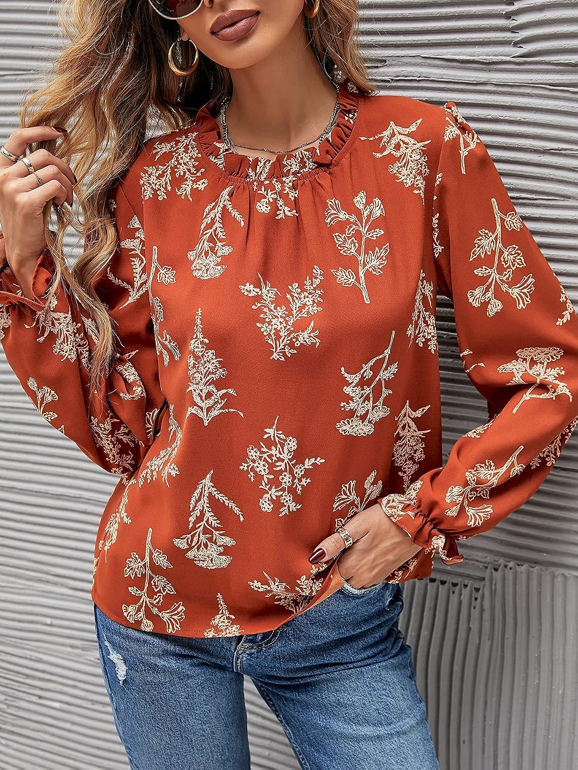 Women's Summer Floral Long Sleeve Frill Mock Neck Vacation Chiffon Blouse