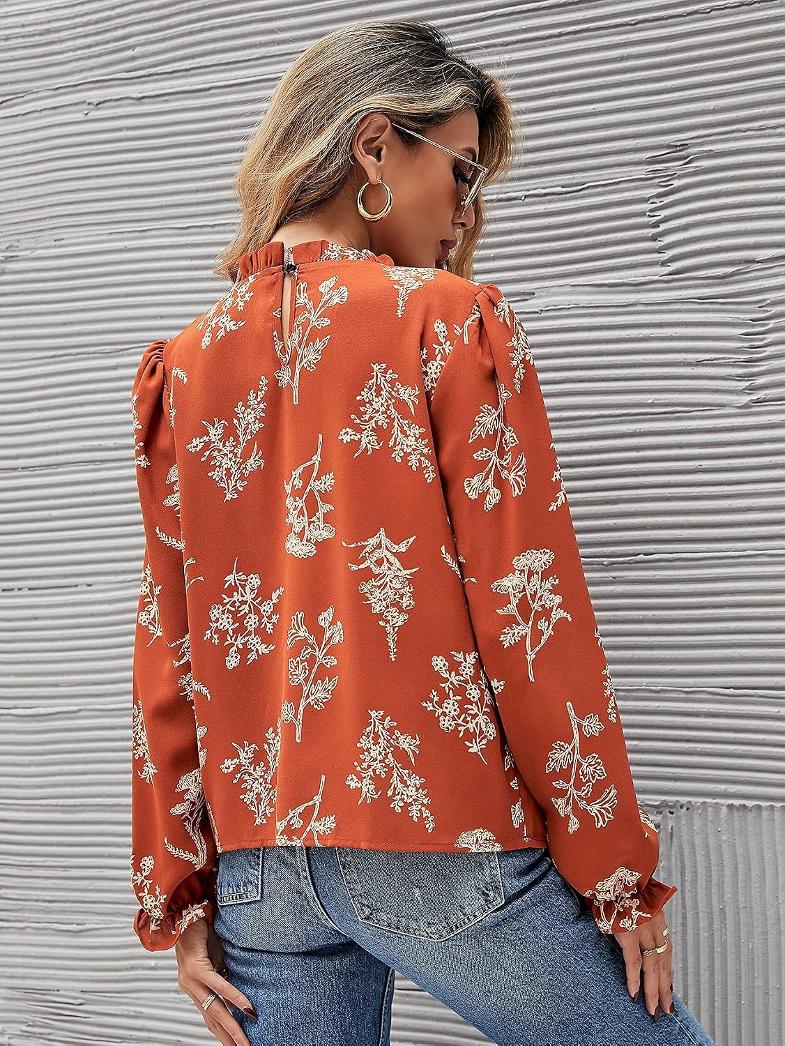 Women's Summer Floral Long Sleeve Frill Mock Neck Vacation Chiffon Blouse